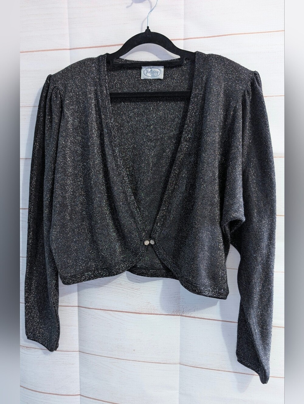 Vintage Holiday KnitwearSparkle Open-Front Black Cropped Sweater Cardigan Bolero - Picture 7 of 9